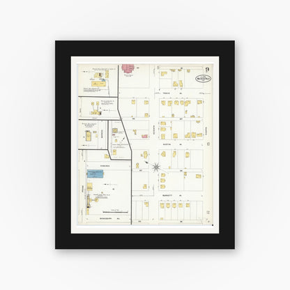 Old map wall art mockup — black gallery frame with white mat — Sanborn Fire Insurance Map from Wichita Falls, Wichita County, Texas (1908), Sheet #0009