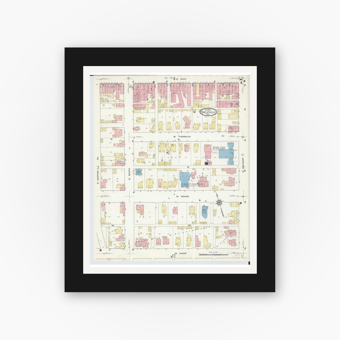 Old map wall art mockup — black gallery frame with white mat — Sanborn Fire Insurance Map from Circleville, Pickaway County, Ohio (1914), Sheet #0007