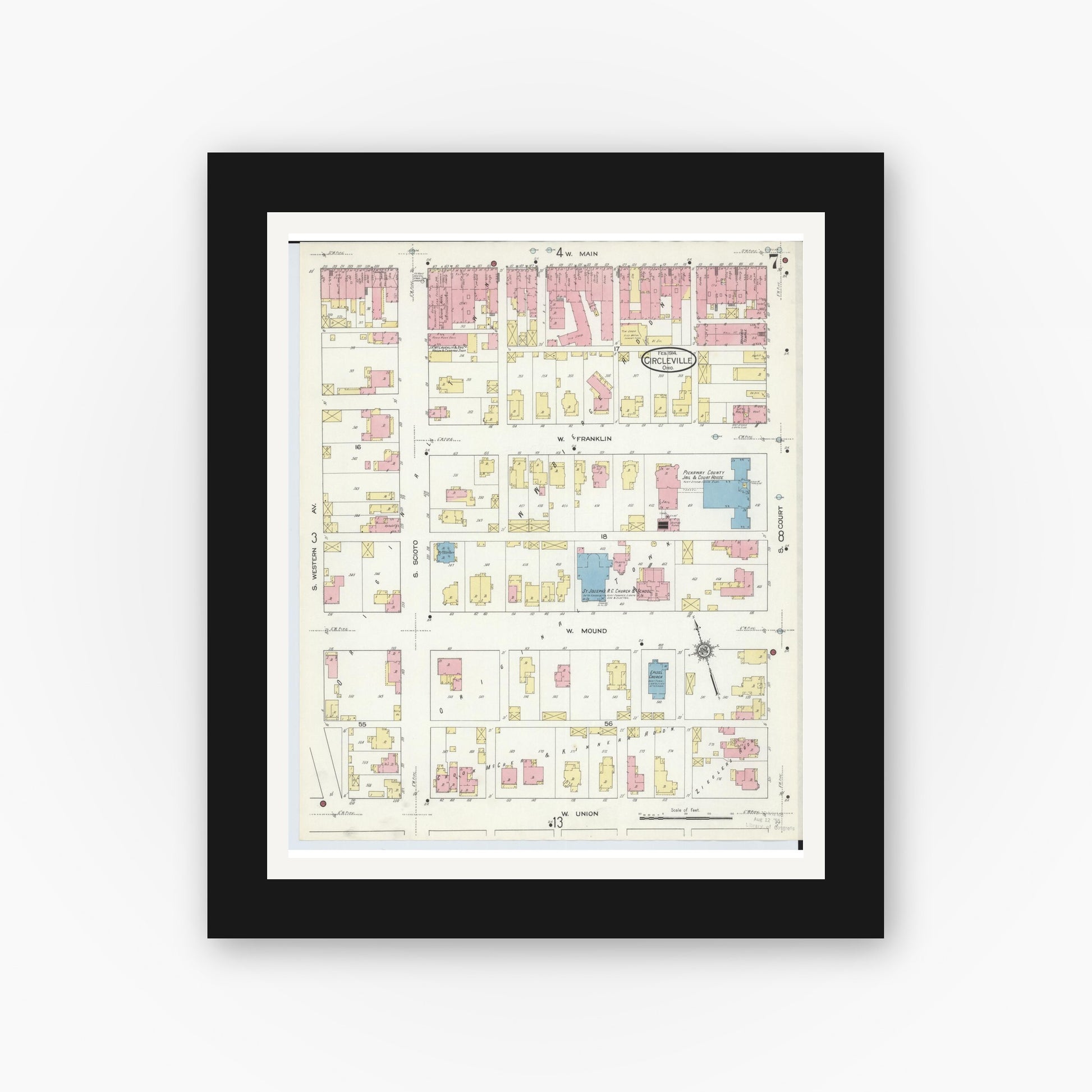 Old map wall art mockup — black gallery frame with white mat — Sanborn Fire Insurance Map from Circleville, Pickaway County, Ohio (1914), Sheet #0007