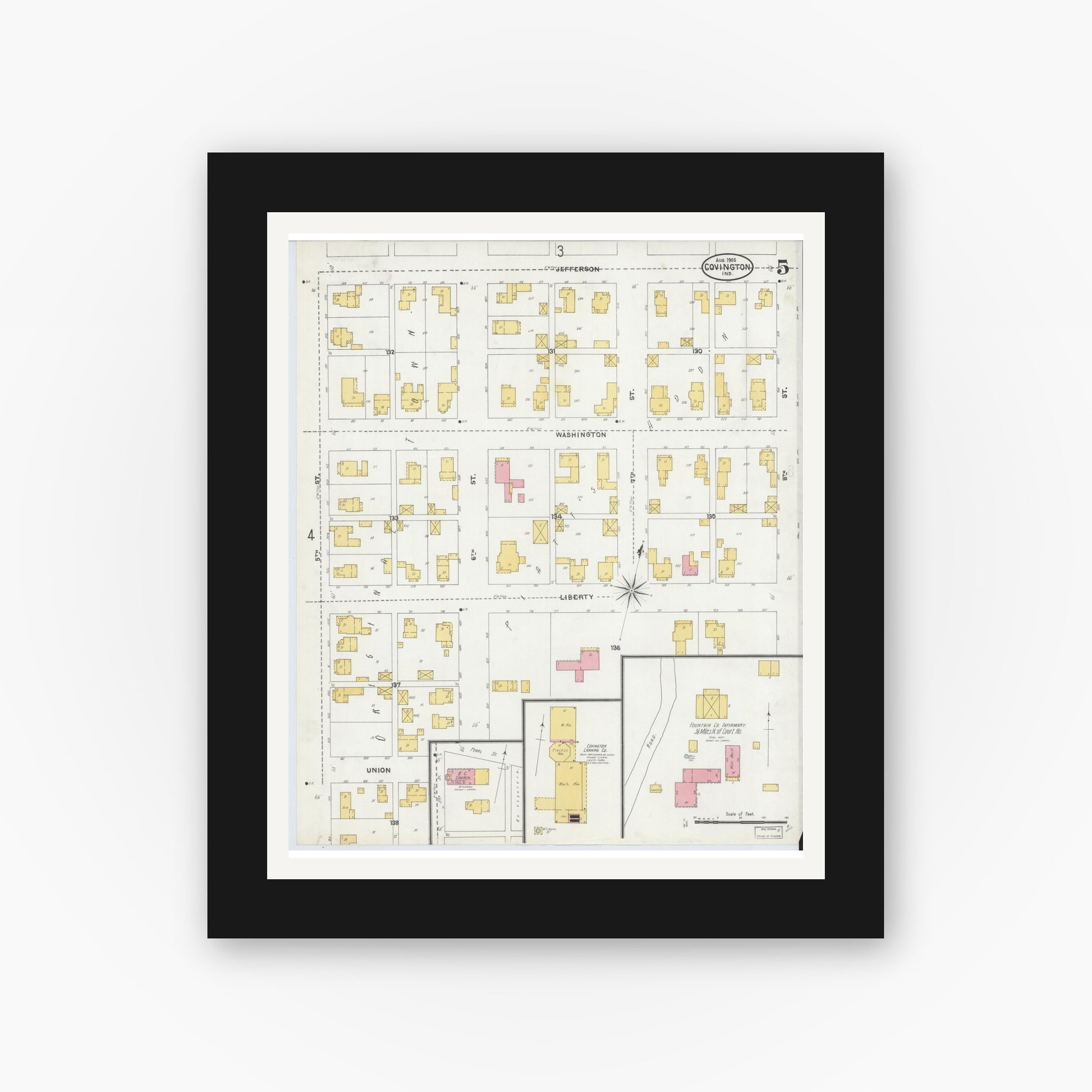 Old map wall art mockup — black gallery frame with white mat — Sanborn Fire Insurance Map from Covington, Fountain County, Indiana (1905), Sheet #0005