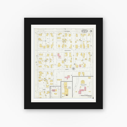 Old map wall art mockup — black gallery frame with white mat — Sanborn Fire Insurance Map from Covington, Fountain County, Indiana (1905), Sheet #0005