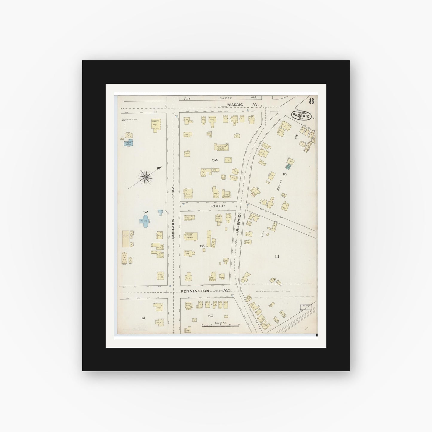 Old map wall art mockup — black gallery frame with white mat — Sanborn Fire Insurance Map from Passaic, Passaic County, New Jersey (1886), Sheet #0007