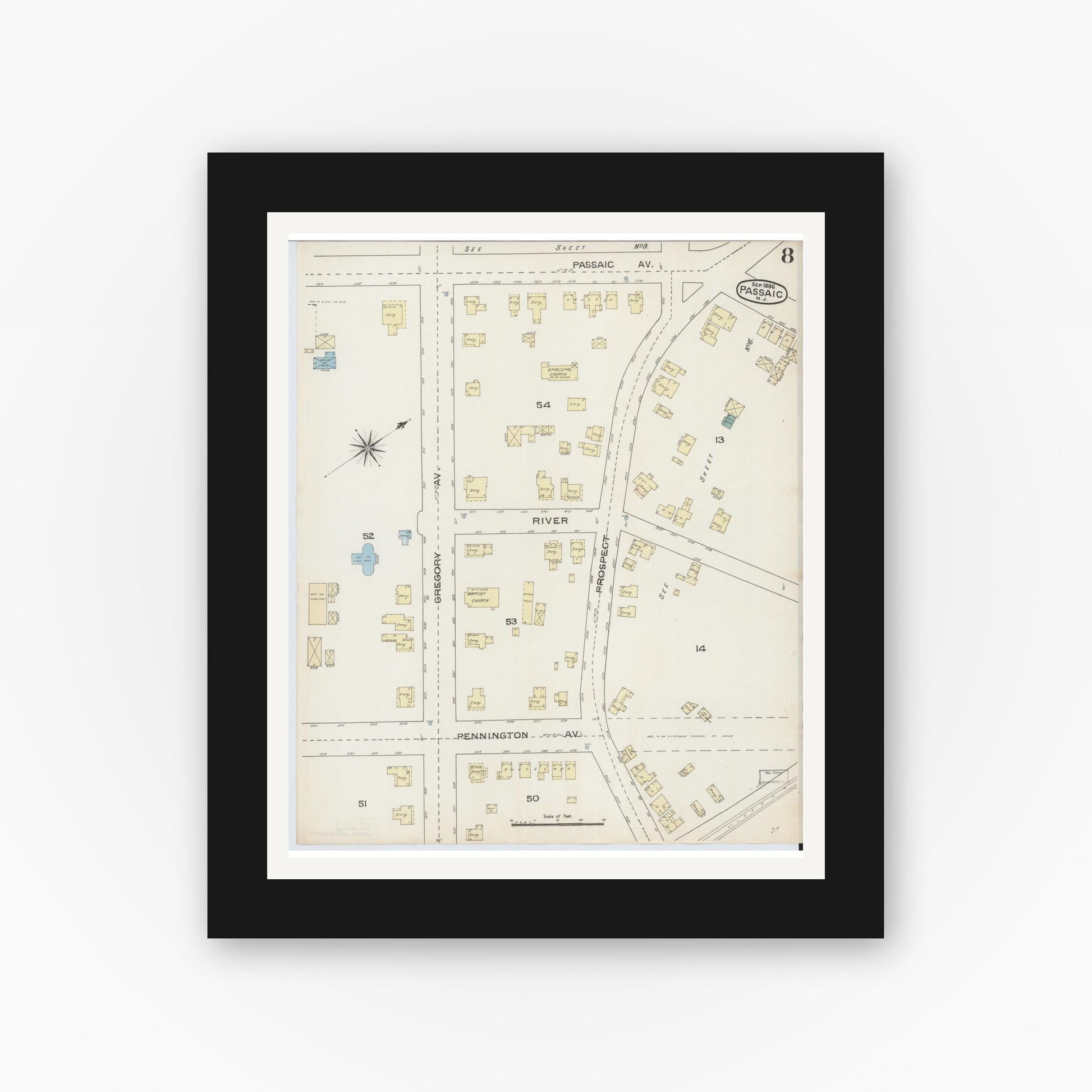 Old map wall art mockup — black gallery frame with white mat — Sanborn Fire Insurance Map from Passaic, Passaic County, New Jersey (1886), Sheet #0007