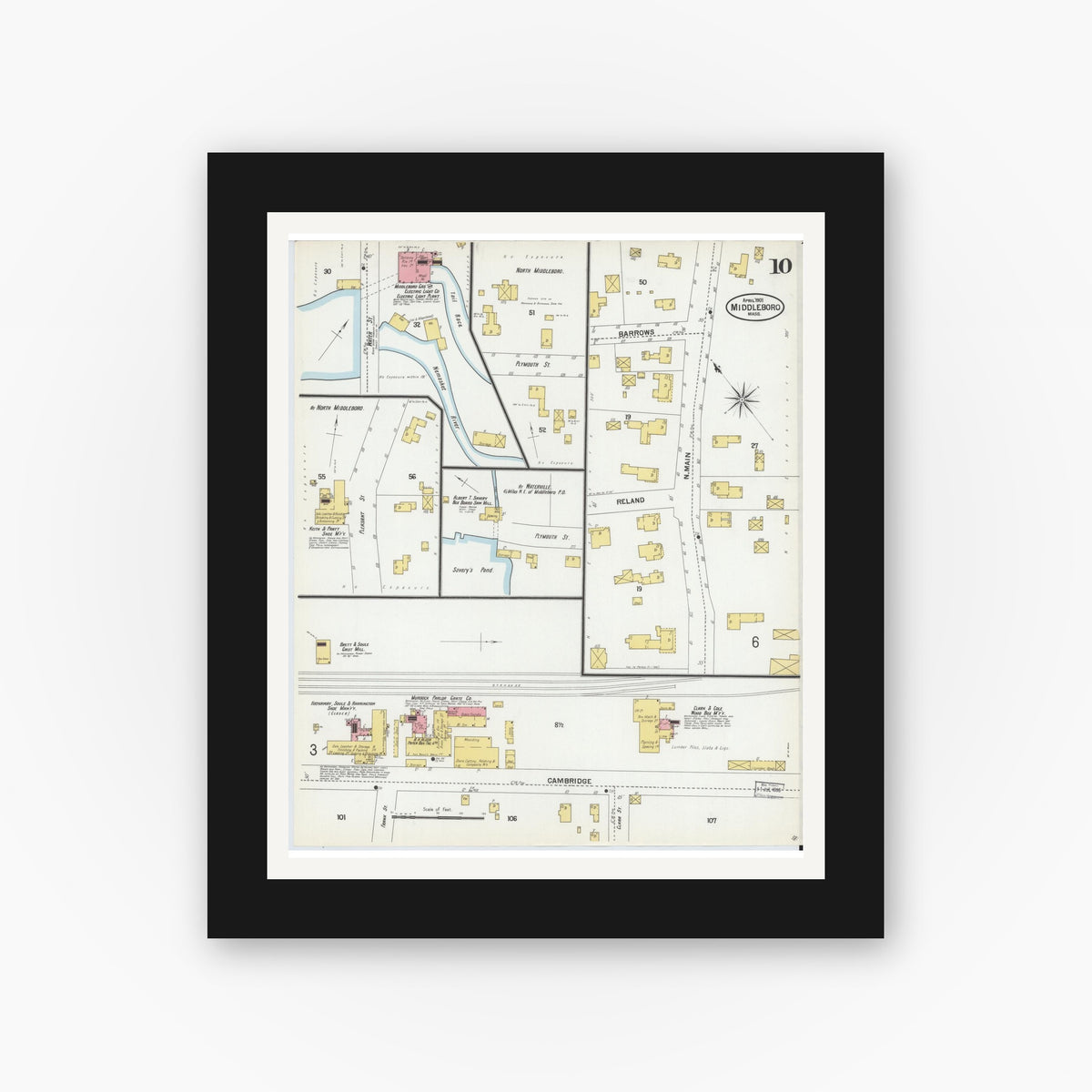 Old map wall art mockup — black gallery frame with white mat — Sanborn Fire Insurance Map from Middleboro, Plymouth County, Massachusetts (1901), Sheet #0010