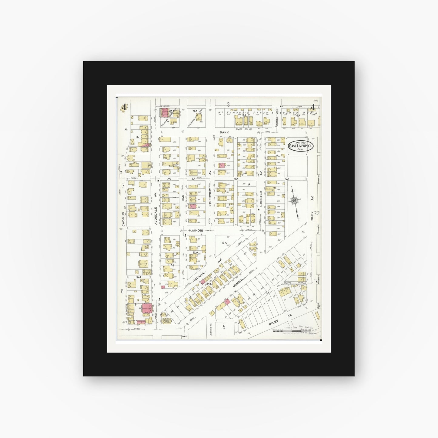 Old map wall art mockup — black gallery frame with white mat — Sanborn Fire Insurance Map from East Liverpool, Columbiana County, Ohio (1923), Sheet #0004