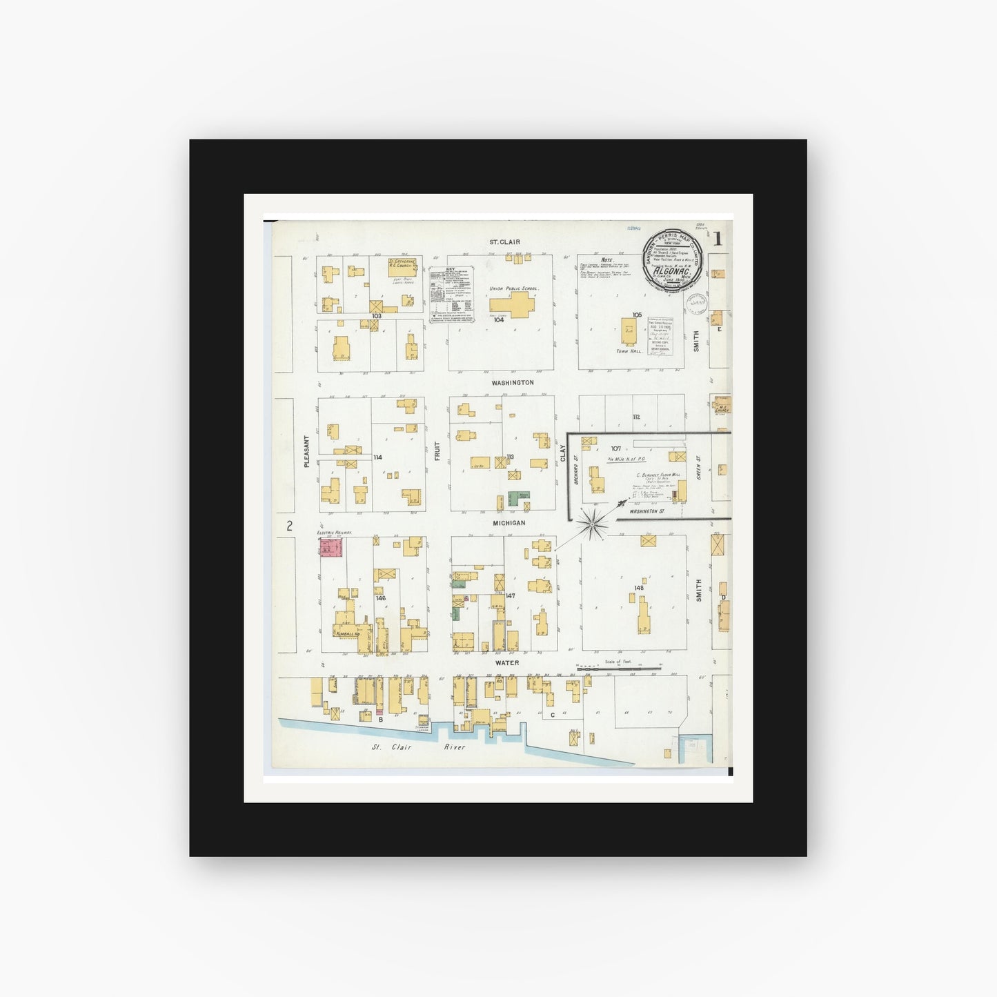 Old map wall art mockup — black gallery frame with white mat — Sanborn Fire Insurance Map from Algonac, Saint Clair County, Michigan (1900), Sheet #0001