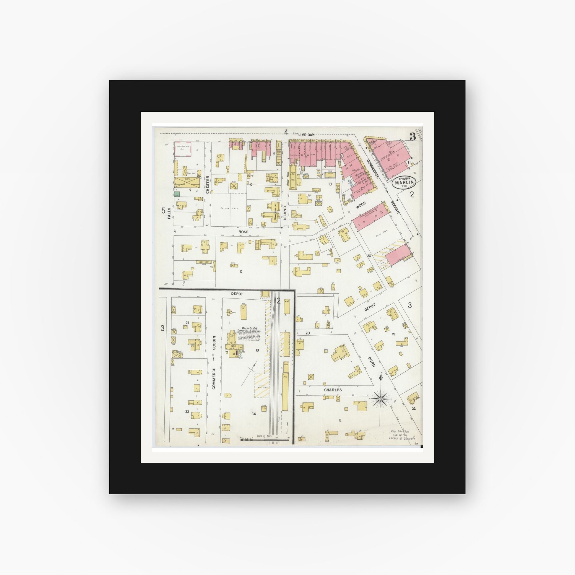Old map wall art mockup — black gallery frame with white mat — Sanborn Fire Insurance Map from Marlin, Falls County, Texas (1899), Sheet #0003
