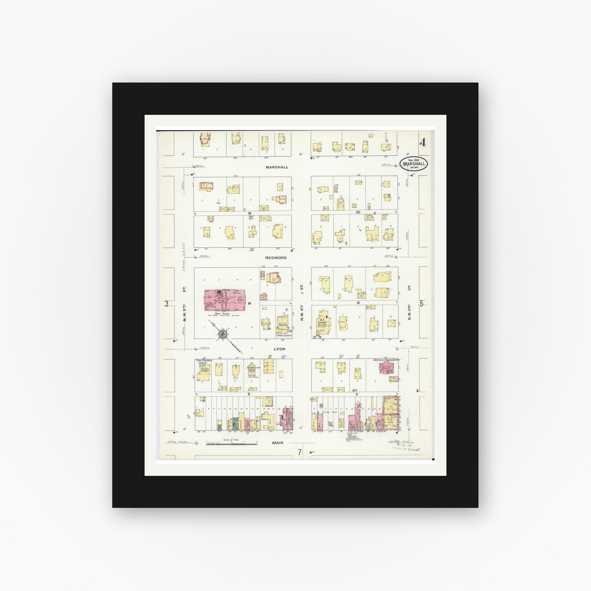 Old map wall art mockup — black gallery frame with white mat — Sanborn Fire Insurance Map from Marshall, Lyon County, Minnesota (1909), Sheet #0004