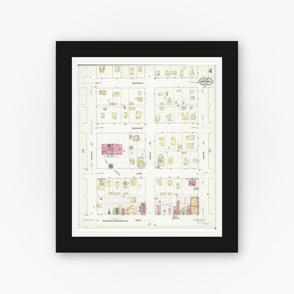 Old map wall art mockup — black gallery frame with white mat — Sanborn Fire Insurance Map from Marshall, Lyon County, Minnesota (1909), Sheet #0004