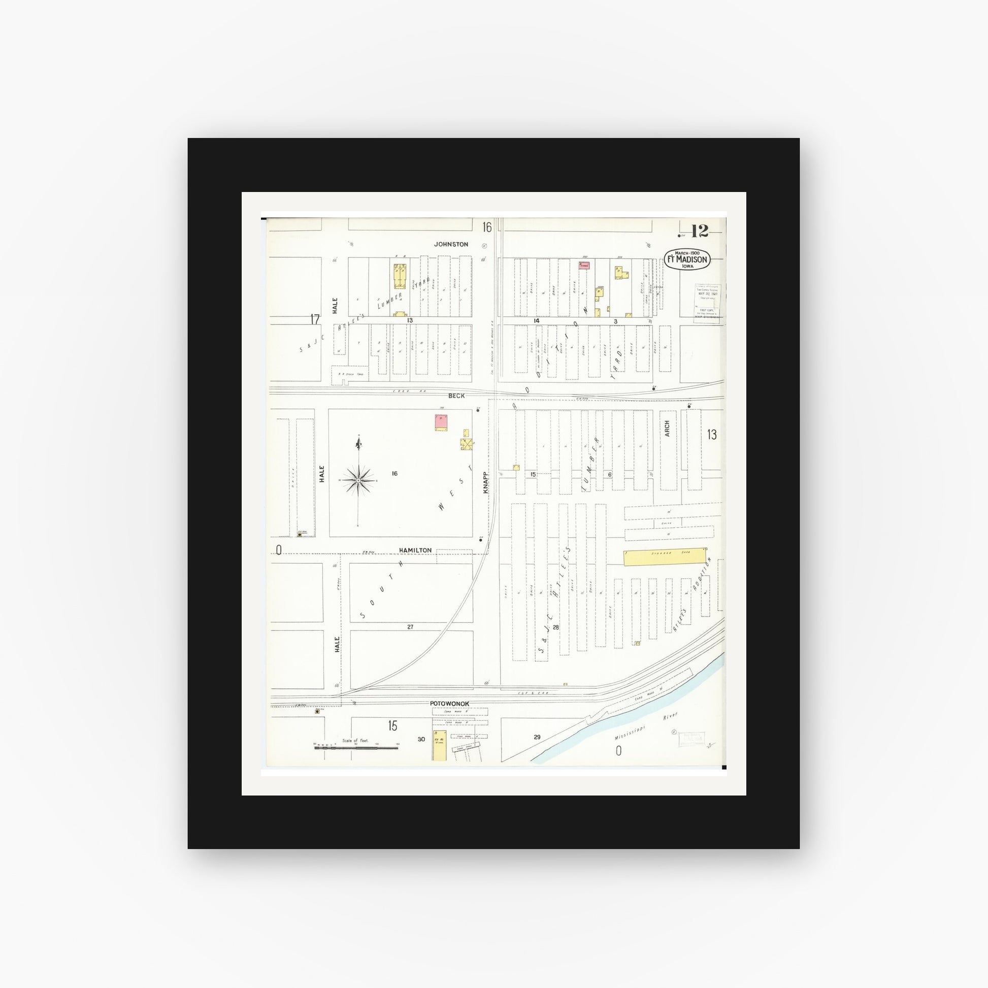 Old map wall art mockup — black gallery frame with white mat — Sanborn Fire Insurance Map from Fort Madison, Lee County, Iowa (1900), Sheet #0012