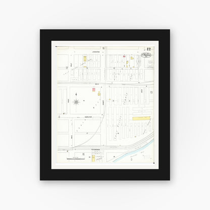 Old map wall art mockup — black gallery frame with white mat — Sanborn Fire Insurance Map from Fort Madison, Lee County, Iowa (1900), Sheet #0012