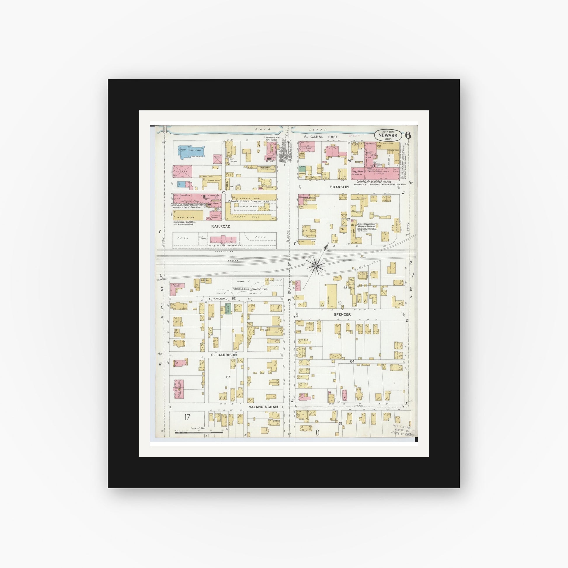 Old map wall art mockup — black gallery frame with white mat — Sanborn Fire Insurance Map from Newark, Licking County, Ohio (1899), Sheet #0006