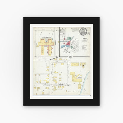 Old map wall art mockup — black gallery frame with white mat — Sanborn Fire Insurance Map from Cambridge Springs, Crawford County, Pennsylvania (1899), Sheet #0001