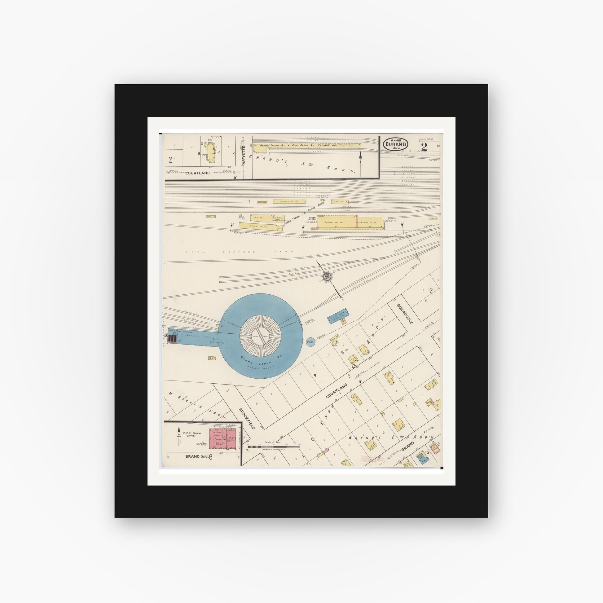 Old map wall art mockup — black gallery frame with white mat — Sanborn Fire Insurance Map from Durand, Shiawassee County, Michigan (1922), Sheet #0002