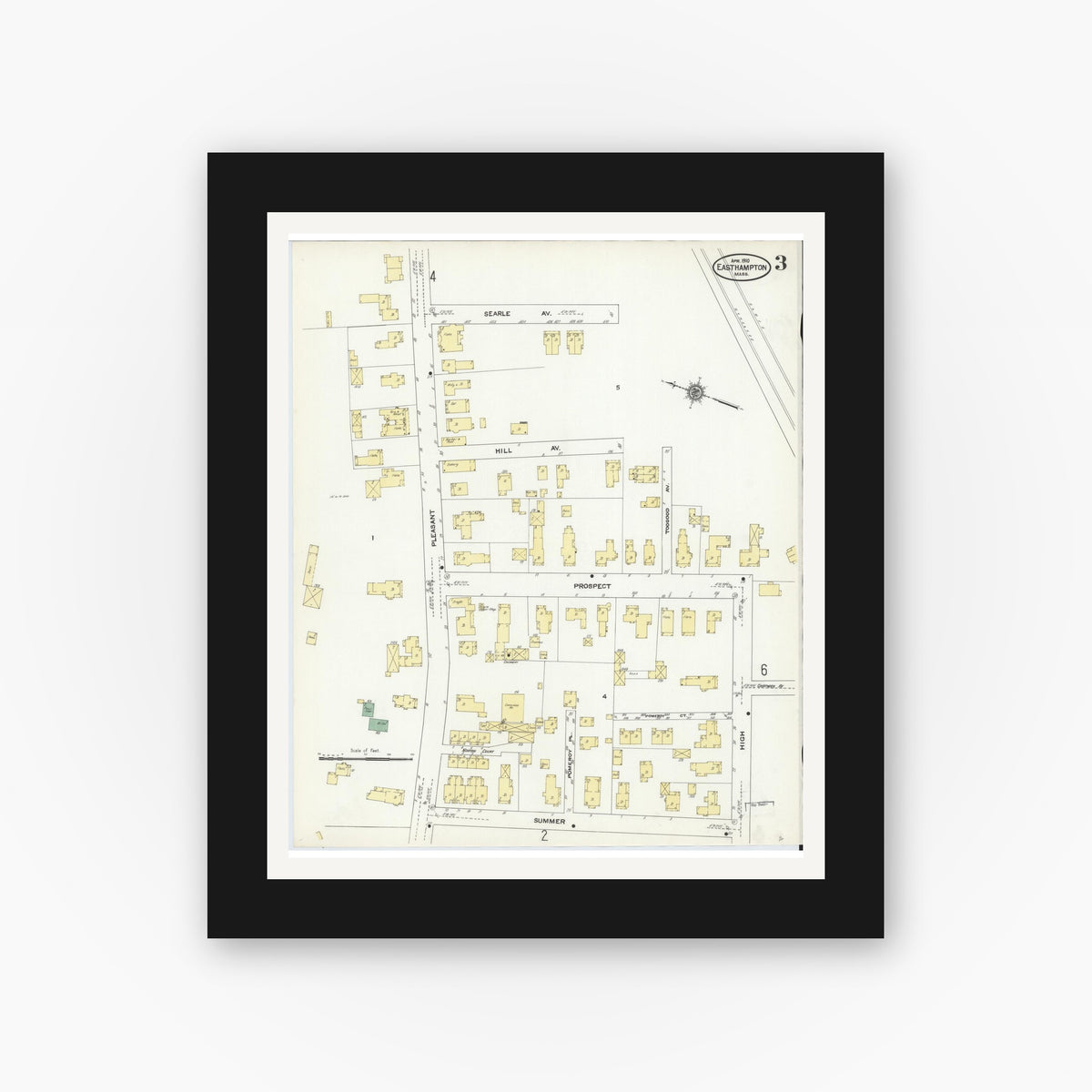 Old map wall art mockup — black gallery frame with white mat — Sanborn Fire Insurance Map from East Hampton, Hampshire County, Massachusetts (1910), Sheet #0003