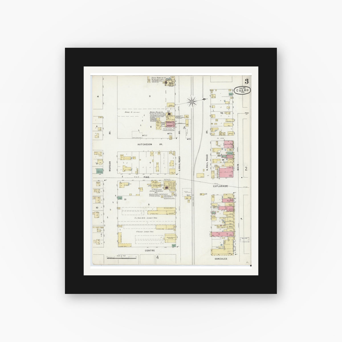Old map wall art mockup — black gallery frame with white mat — Sanborn Fire Insurance Map from Cuero, De Witt County, Texas (1896), Sheet #0003