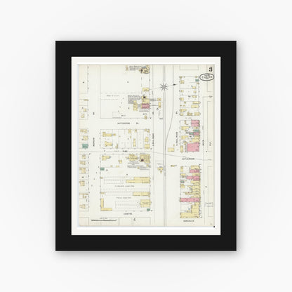 Old map wall art mockup — black gallery frame with white mat — Sanborn Fire Insurance Map from Cuero, De Witt County, Texas (1896), Sheet #0003