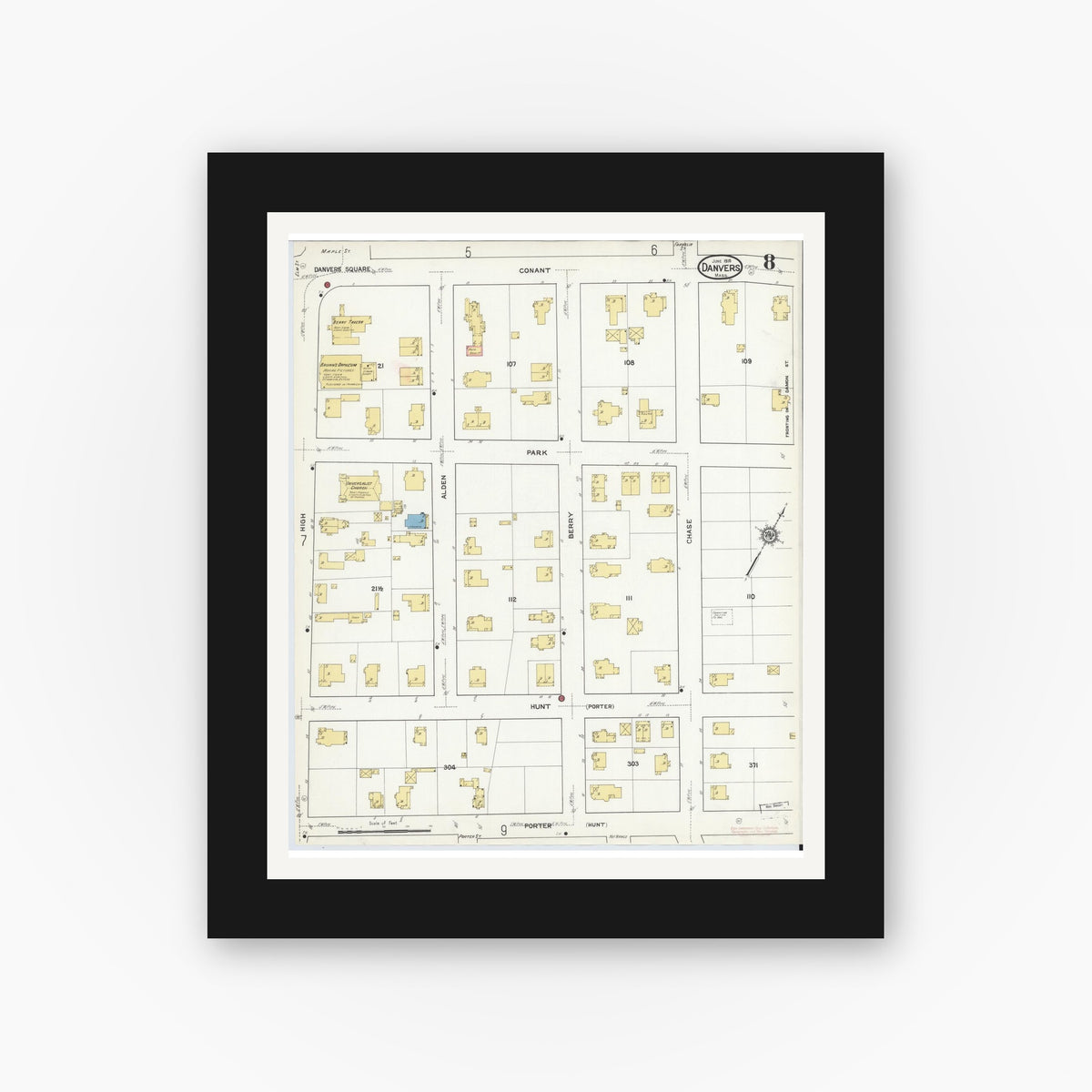 Old map wall art mockup — black gallery frame with white mat — Sanborn Fire Insurance Map from Danvers, Essex County, Massachusetts (1916), Sheet #0008