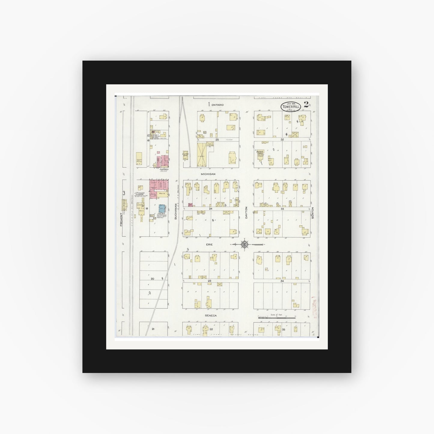 Old map wall art mockup — black gallery frame with white mat — Sanborn Fire Insurance Map from Tower Hill, Shelby County, Illinois (1914), Sheet #0002