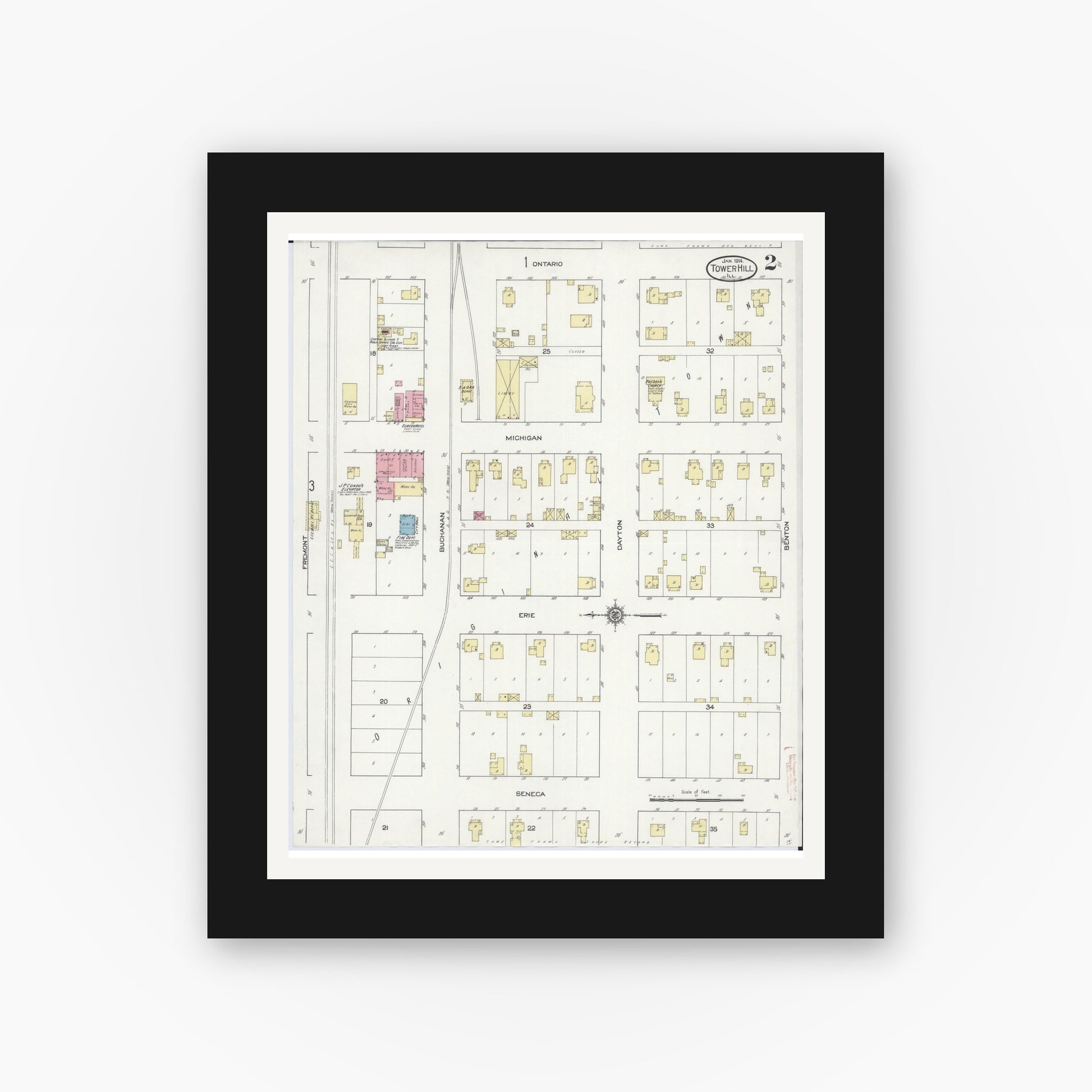 Old map wall art mockup — black gallery frame with white mat — Sanborn Fire Insurance Map from Tower Hill, Shelby County, Illinois (1914), Sheet #0002