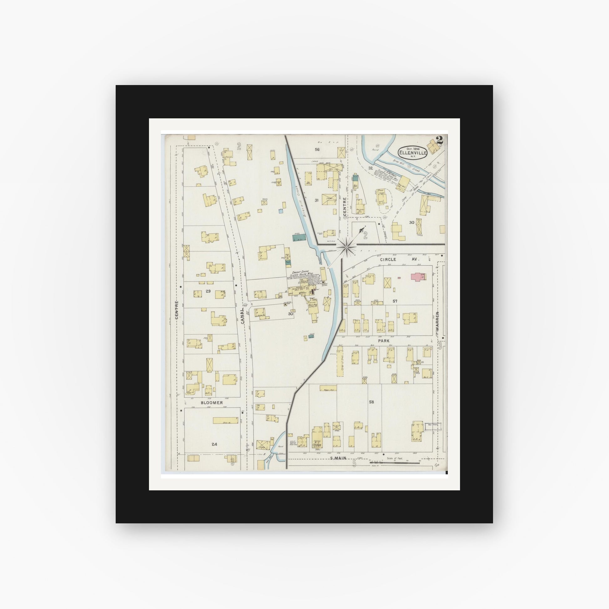 Old map wall art mockup — black gallery frame with white mat — Sanborn Fire Insurance Map from Ellenville, Ulster County, New York (1894) - Complete Map Set