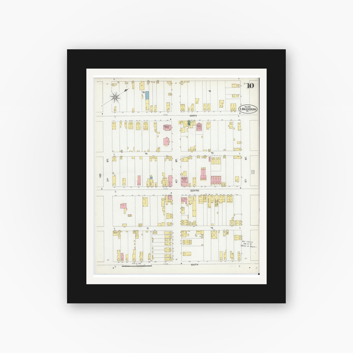 Old map wall art mockup — black gallery frame with white mat — Sanborn Fire Insurance Map from Mauch Chunk, Carbon County, Pennsylvania (1902), Sheet #0010