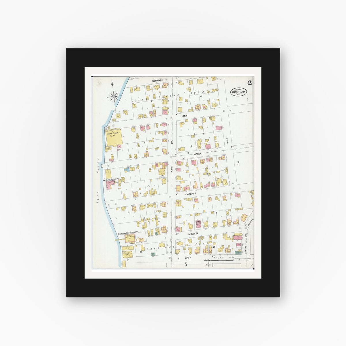 Old map wall art mockup — black gallery frame with white mat — Sanborn Fire Insurance Map from Watertown, Jefferson County, Wisconsin (1901), Sheet #0002