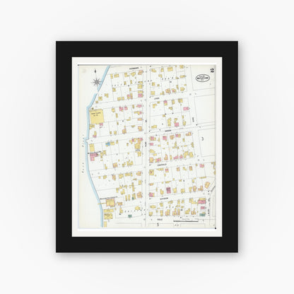 Old map wall art mockup — black gallery frame with white mat — Sanborn Fire Insurance Map from Watertown, Jefferson County, Wisconsin (1901), Sheet #0002