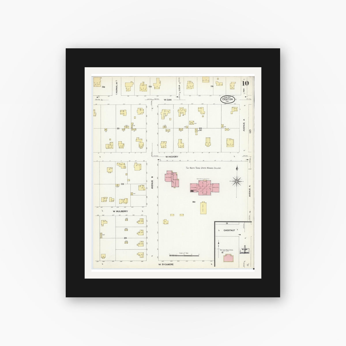 Old map wall art mockup — black gallery frame with white mat — Sanborn Fire Insurance Map from Denton, Denton County, Texas (1907), Sheet #0010