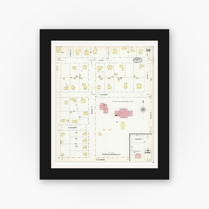 Old map wall art mockup — black gallery frame with white mat — Sanborn Fire Insurance Map from Denton, Denton County, Texas (1907), Sheet #0010