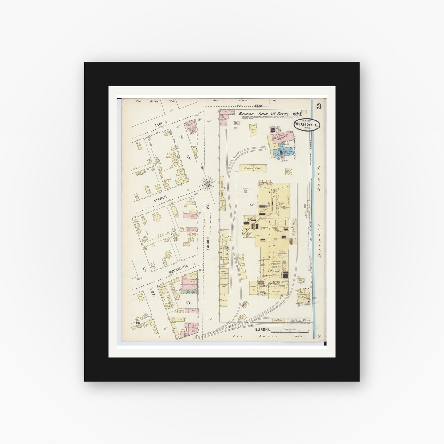 Old map wall art mockup — black gallery frame with white mat — Sanborn Fire Insurance Map from Wyandotte, Wayne County, Michigan (1890), Sheet #0003