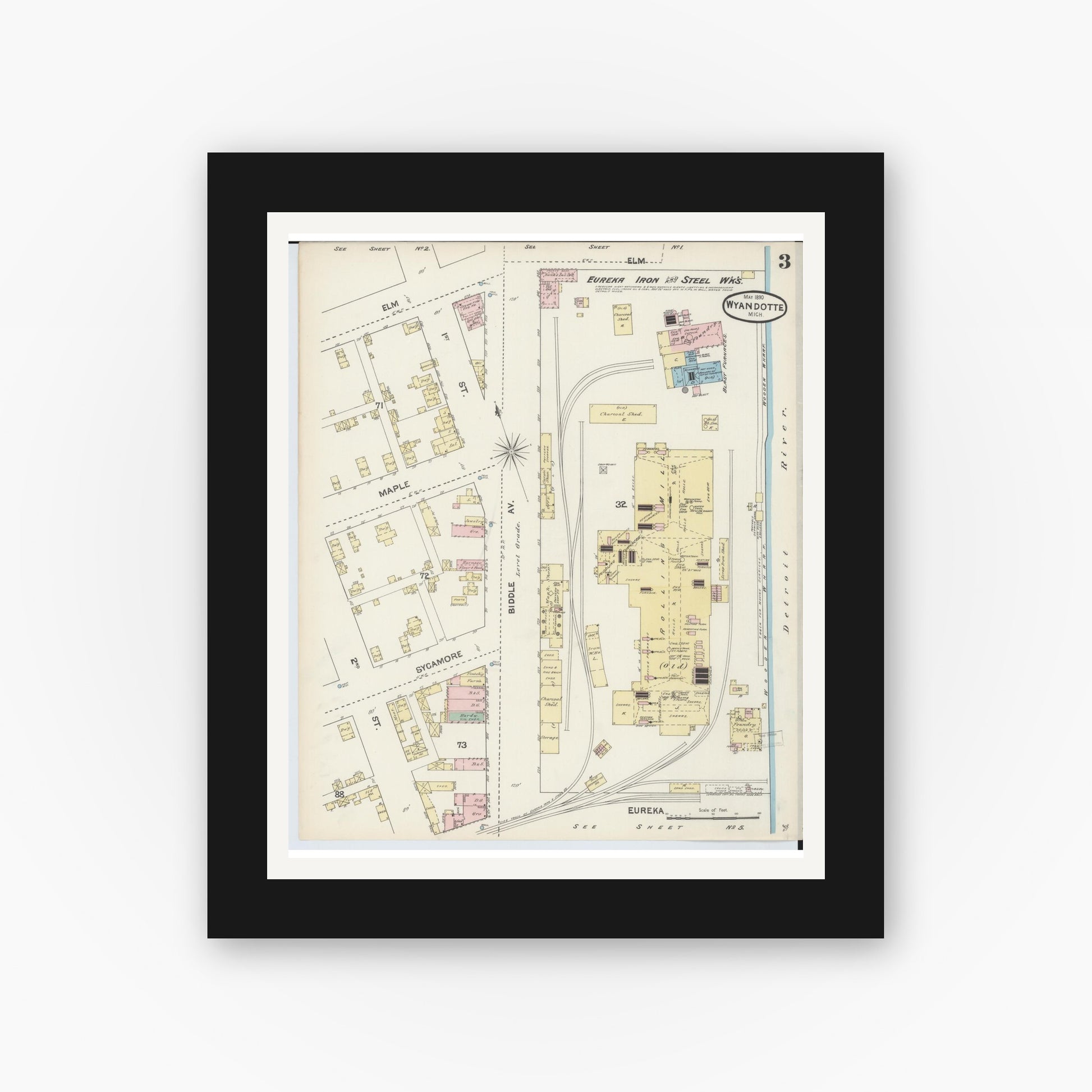 Old map wall art mockup — black gallery frame with white mat — Sanborn Fire Insurance Map from Wyandotte, Wayne County, Michigan (1890), Sheet #0003