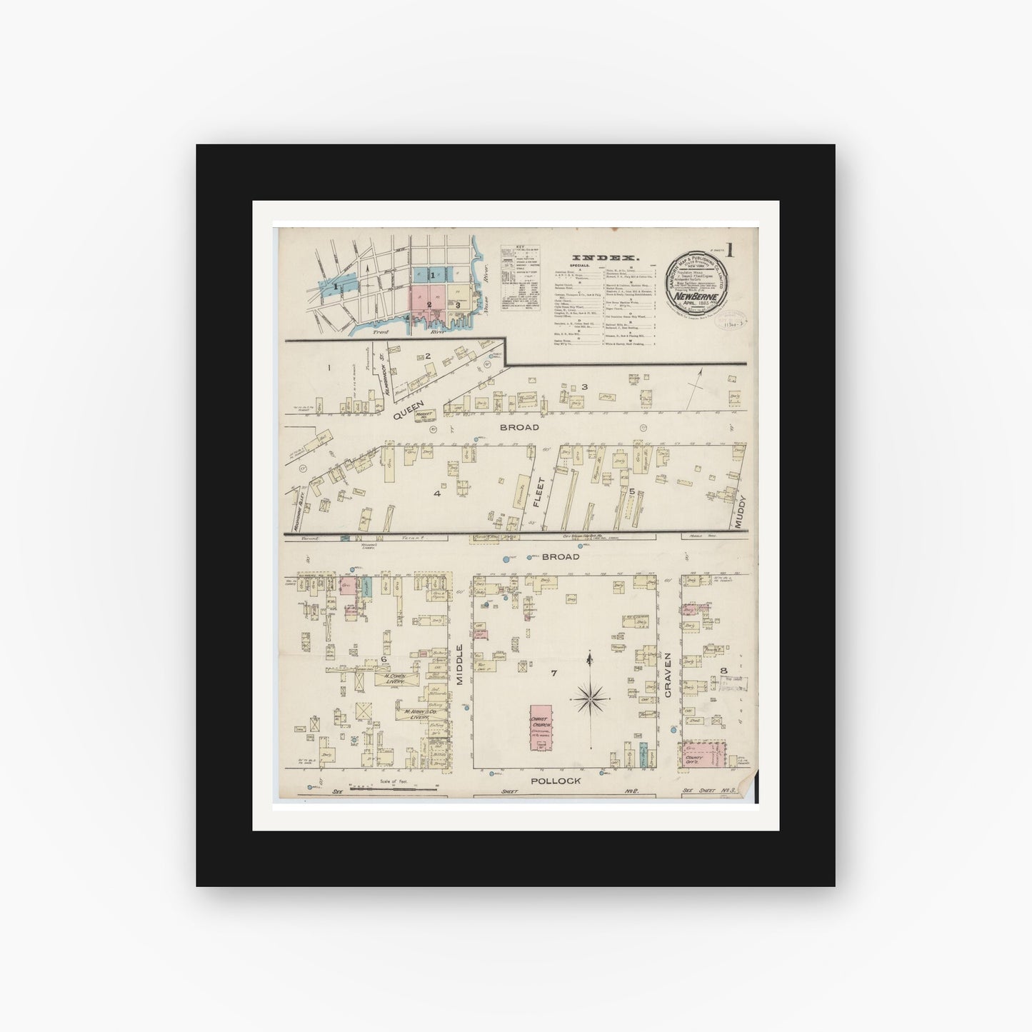 Old map wall art mockup — black gallery frame with white mat — Sanborn Fire Insurance Map from New Bern, Craven County, North Carolina (1885) - Complete Map Set