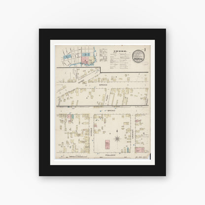 Old map wall art mockup — black gallery frame with white mat — Sanborn Fire Insurance Map from New Bern, Craven County, North Carolina (1885) - Complete Map Set