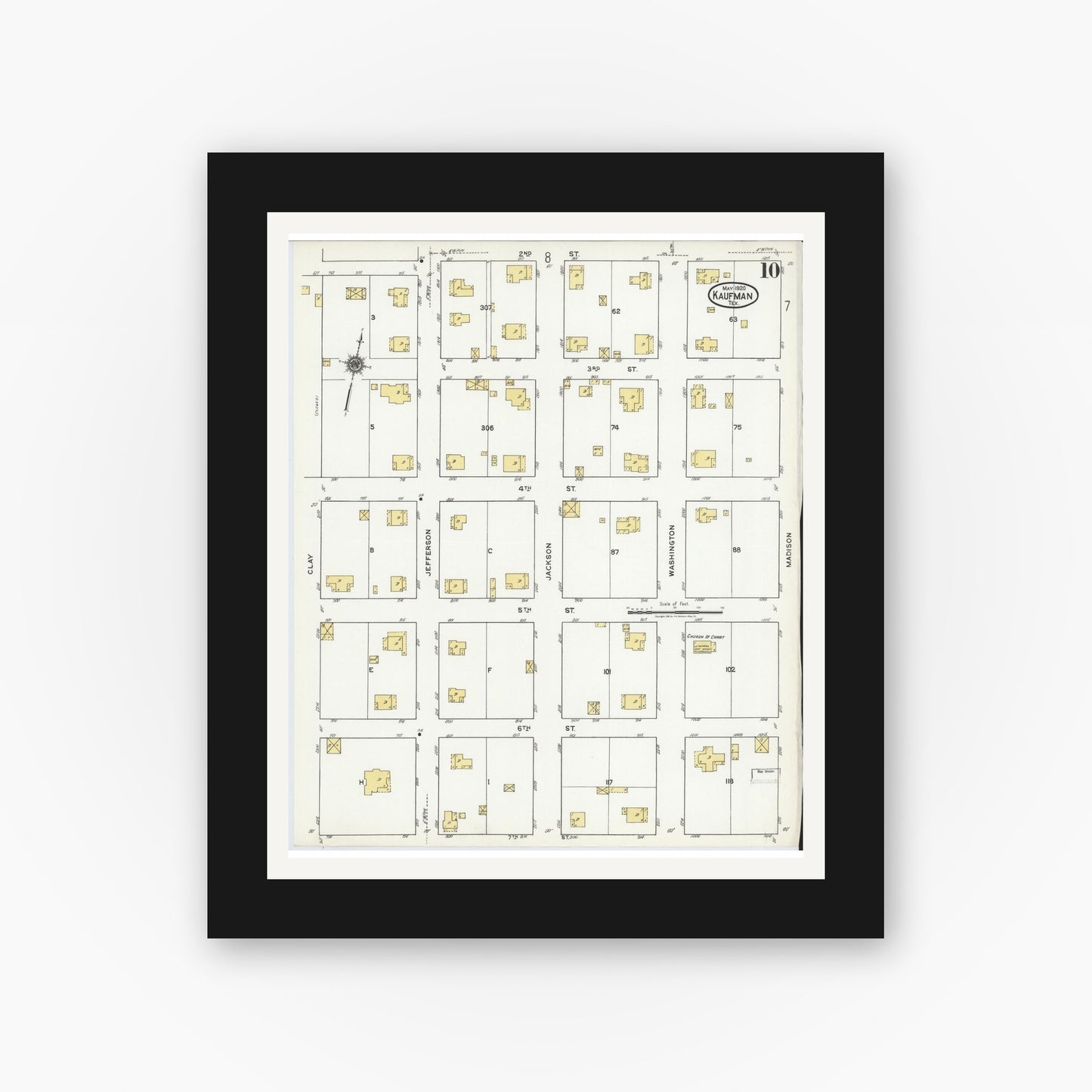 Old map wall art mockup — black gallery frame with white mat — Sanborn Fire Insurance Map from Kaufman, Kaufman County, Texas (1920), Sheet #0010