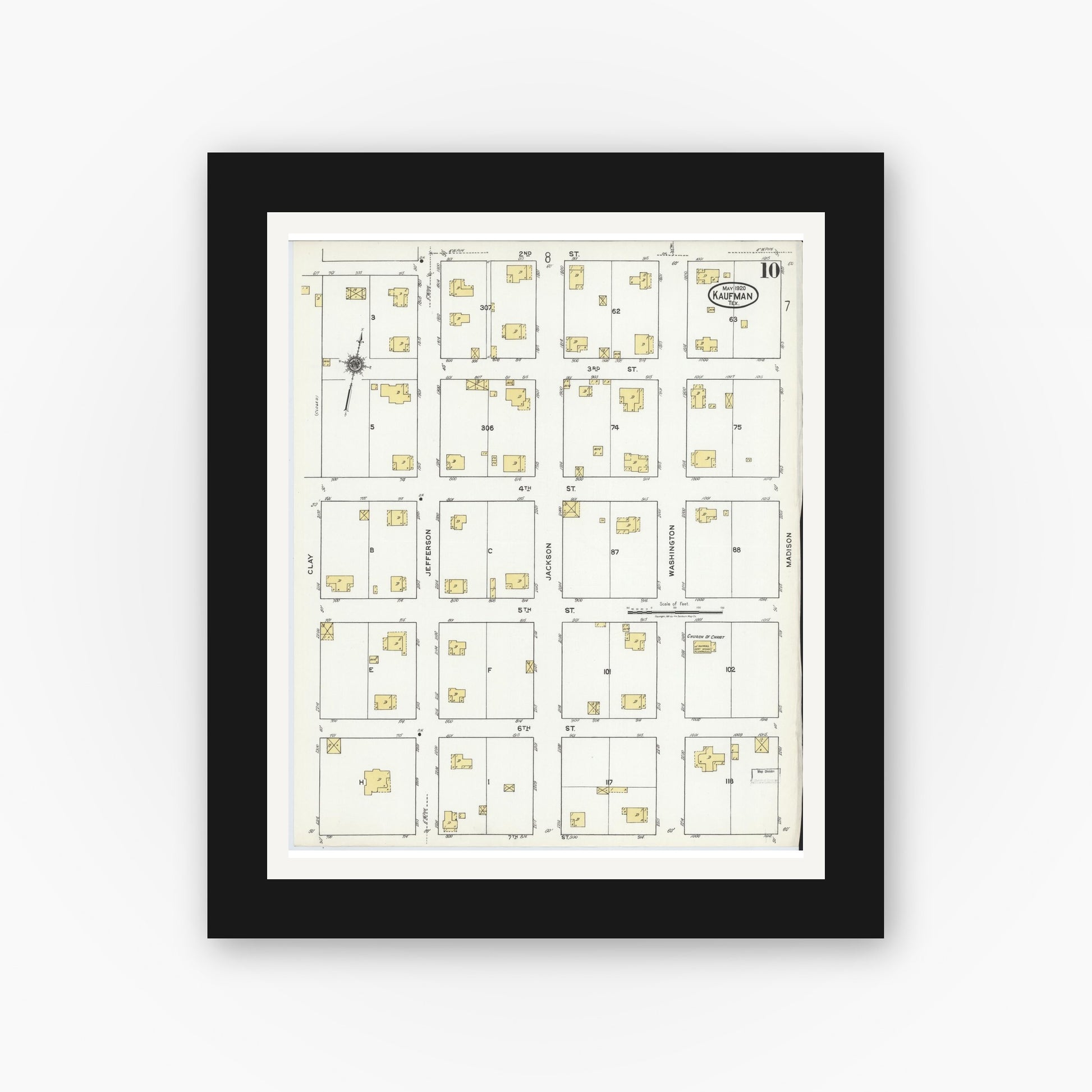 Old map wall art mockup — black gallery frame with white mat — Sanborn Fire Insurance Map from Kaufman, Kaufman County, Texas (1920), Sheet #0010