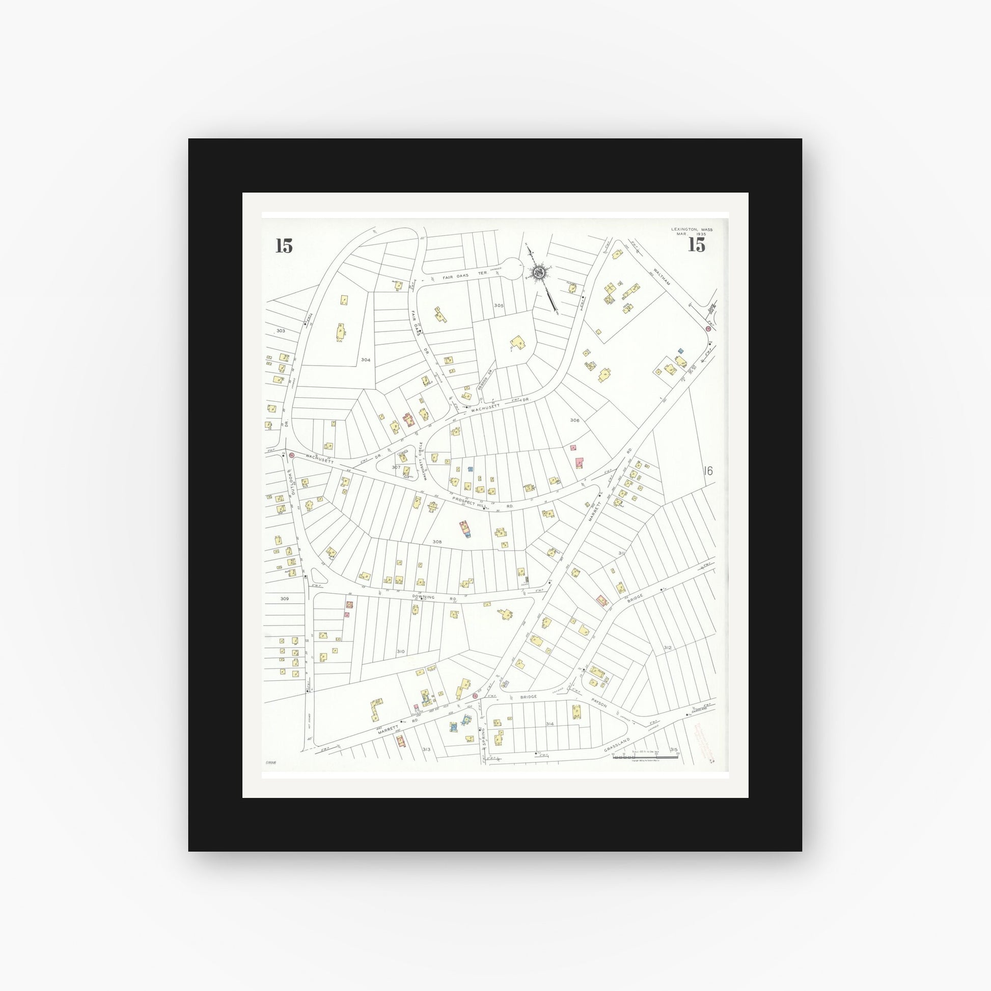 Old map wall art mockup — black gallery frame with white mat — Sanborn Fire Insurance Map from Lexington, Middlesex County, Massachusetts (1935), Sheet #0015
