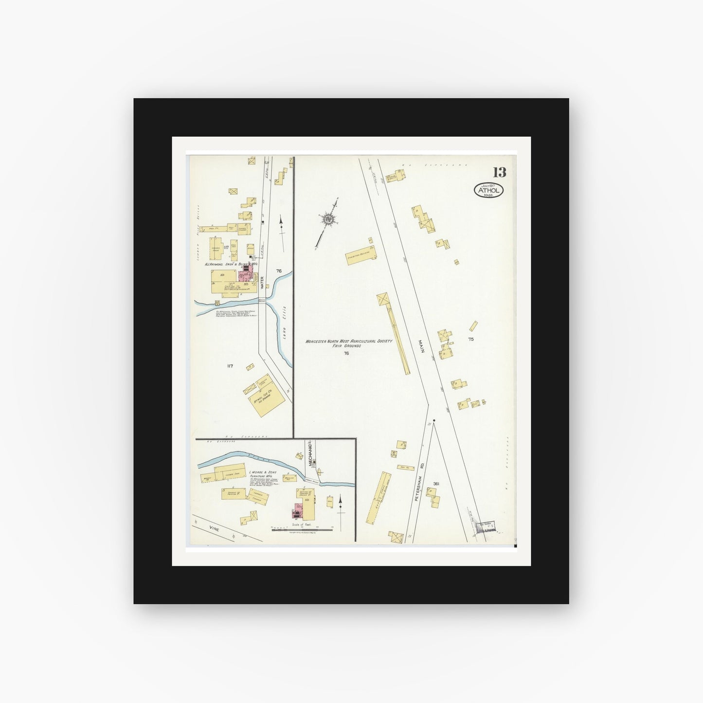 Old map wall art mockup — black gallery frame with white mat — Sanborn Fire Insurance Map from Athol, Worcester County, Massachusetts (1917), Sheet #0013