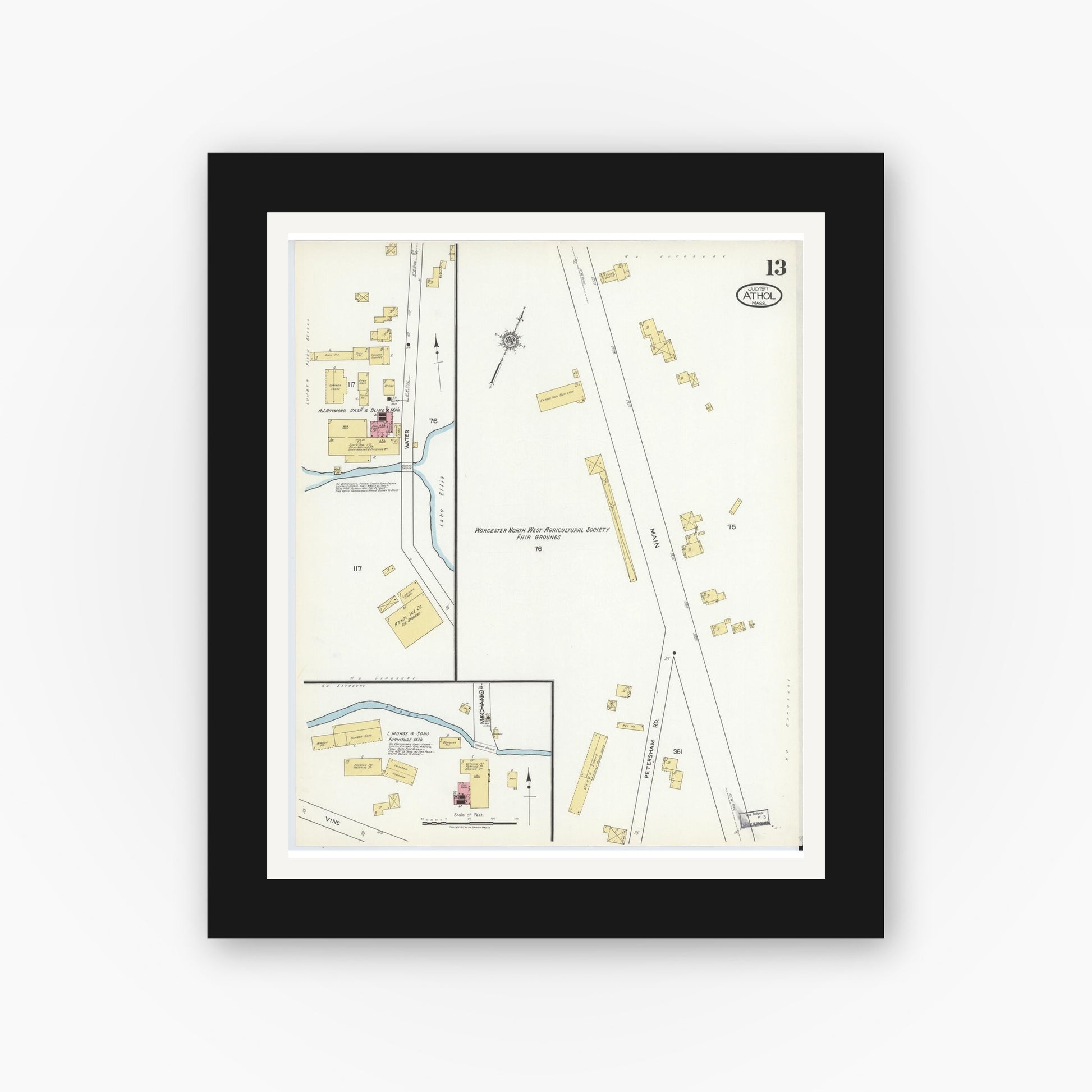 Old map wall art mockup — black gallery frame with white mat — Sanborn Fire Insurance Map from Athol, Worcester County, Massachusetts (1917), Sheet #0013