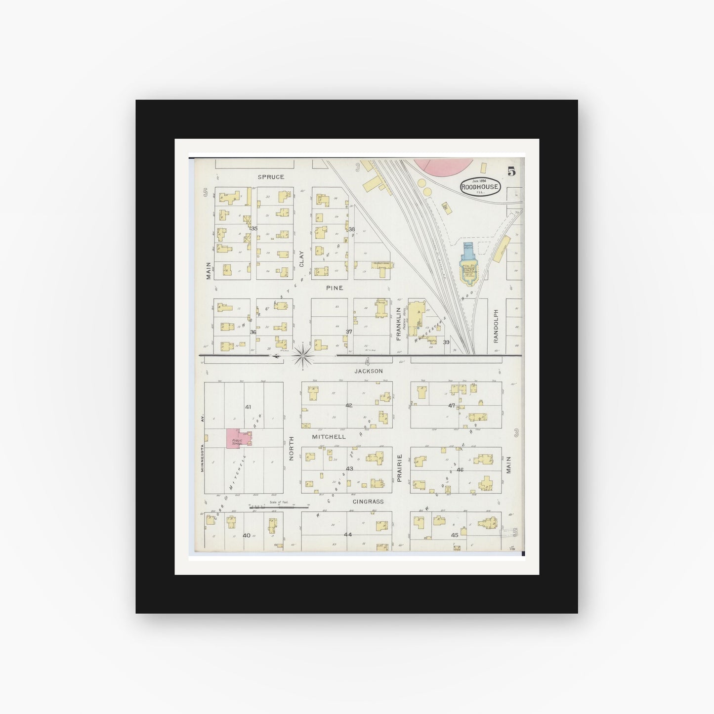 Old map wall art mockup — black gallery frame with white mat — Sanborn Fire Insurance Map from Roodhouse, Greene County, Illinois (1894), Sheet #0005