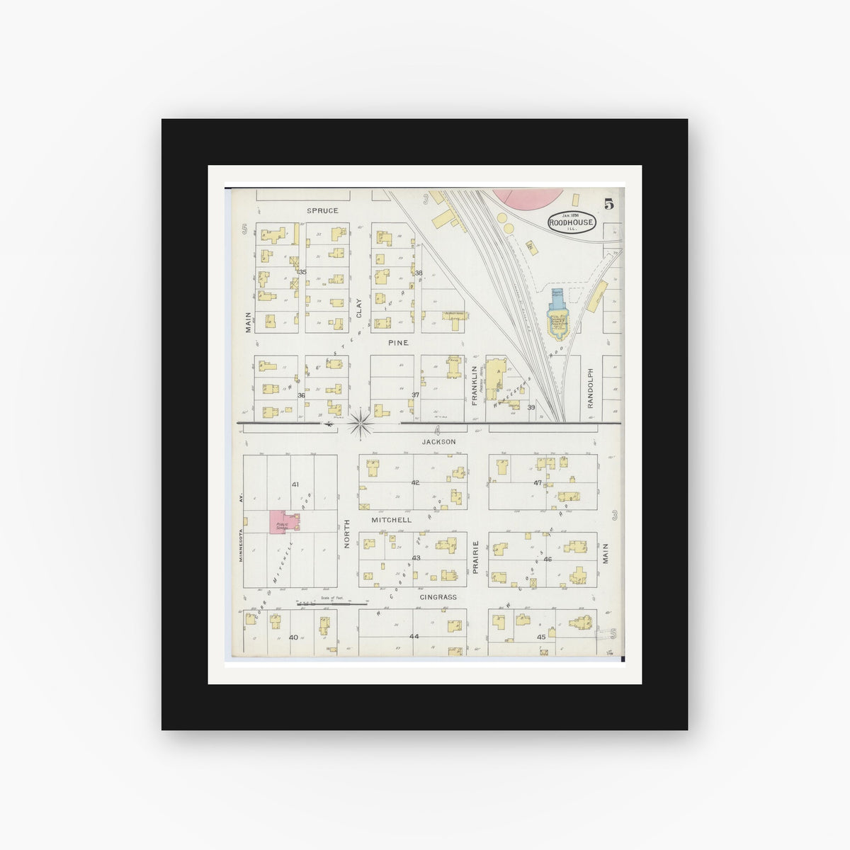 Old map wall art mockup — black gallery frame with white mat — Sanborn Fire Insurance Map from Roodhouse, Greene County, Illinois (1894), Sheet #0005