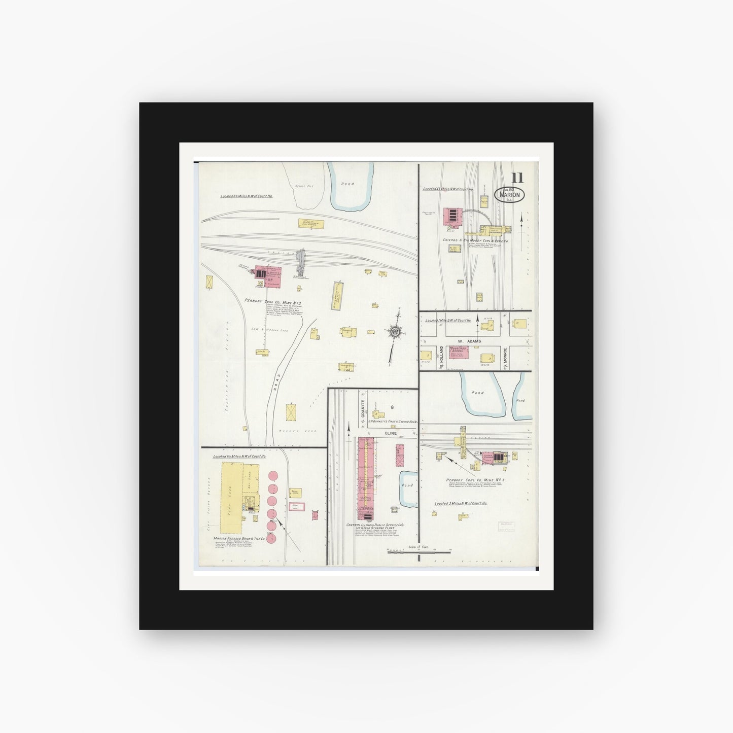 Old map wall art mockup — black gallery frame with white mat — Sanborn Fire Insurance Map from Marion, Williamson County, Illinois (1913), Sheet #0011
