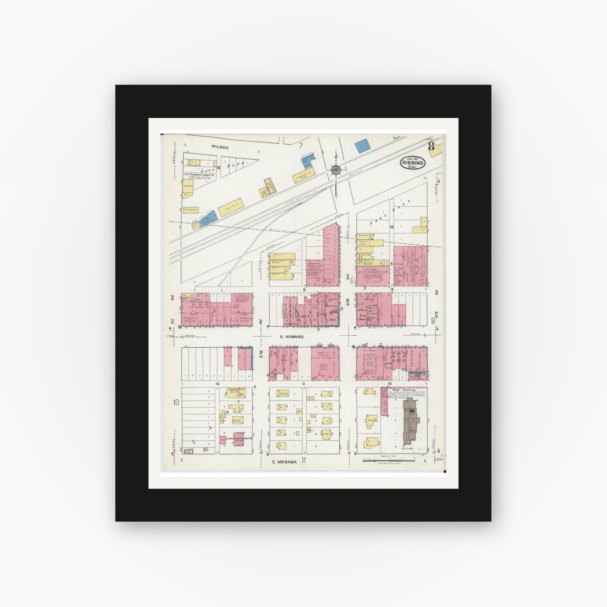 Old map wall art mockup — black gallery frame with white mat — Sanborn Fire Insurance Map from Hibbing, Saint Louis County, Minnesota (1921), Sheet #0008