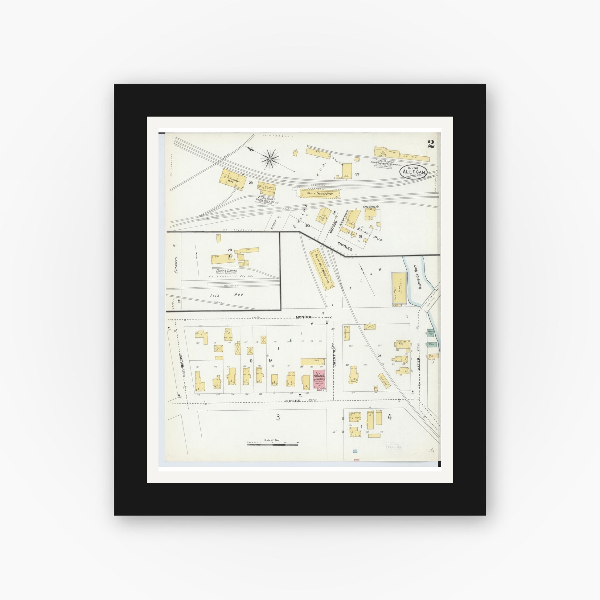 Old map wall art mockup — black gallery frame with white mat — Sanborn Fire Insurance Map from Allegan, Allegan County, Michigan (1906), Sheet #0002