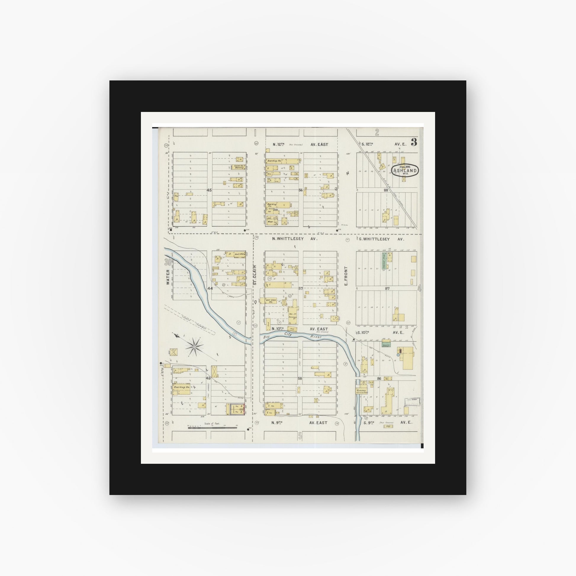 Old map wall art mockup — black gallery frame with white mat — Sanborn Fire Insurance Map from Ashland, Ashland County, Wisconsin (1895), Sheet #0003