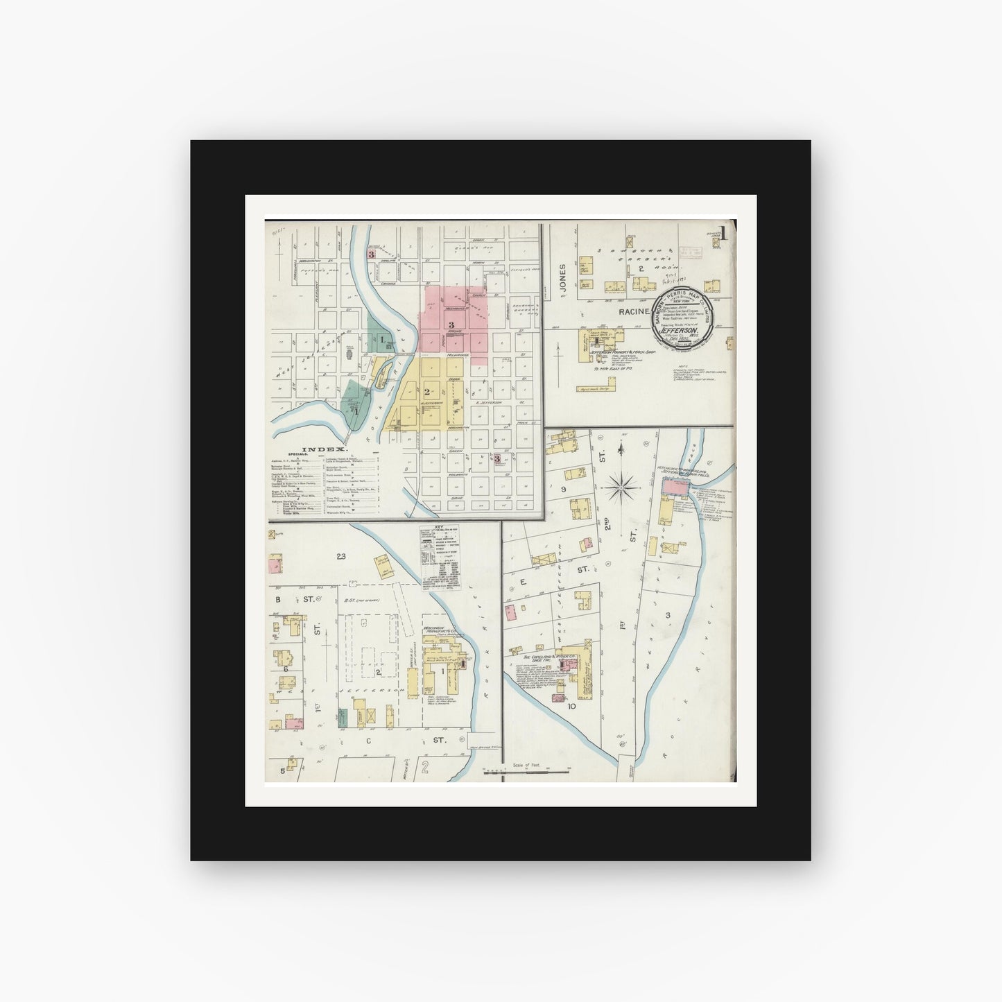 Old map wall art mockup — black gallery frame with white mat — Sanborn Fire Insurance Map from Jefferson, Jefferson County, Wisconsin (1892), Sheet #0001