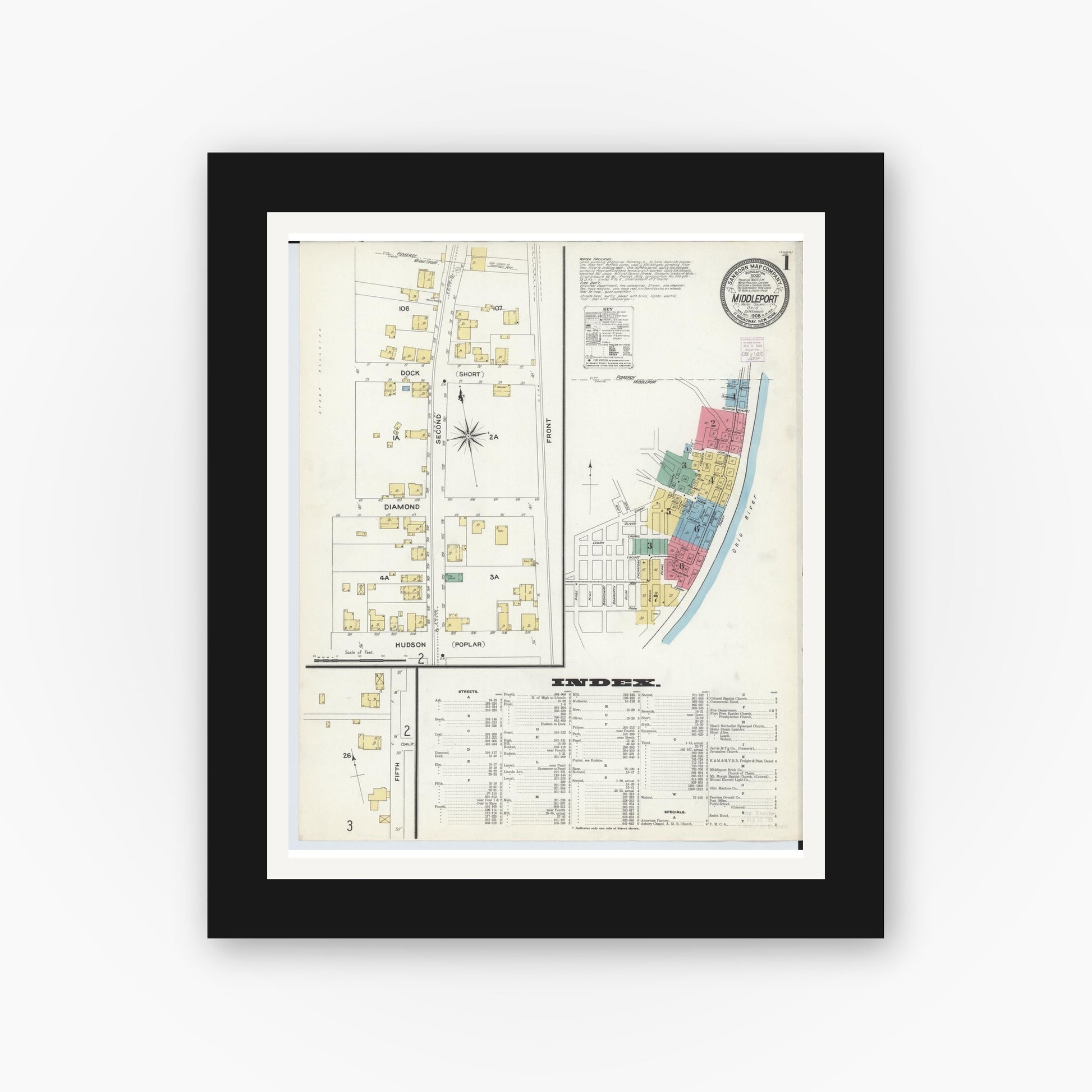 Old map wall art mockup — black gallery frame with white mat — Sanborn Fire Insurance Map from Middleport, Meigs County, Ohio (1908) - Complete Map Set
