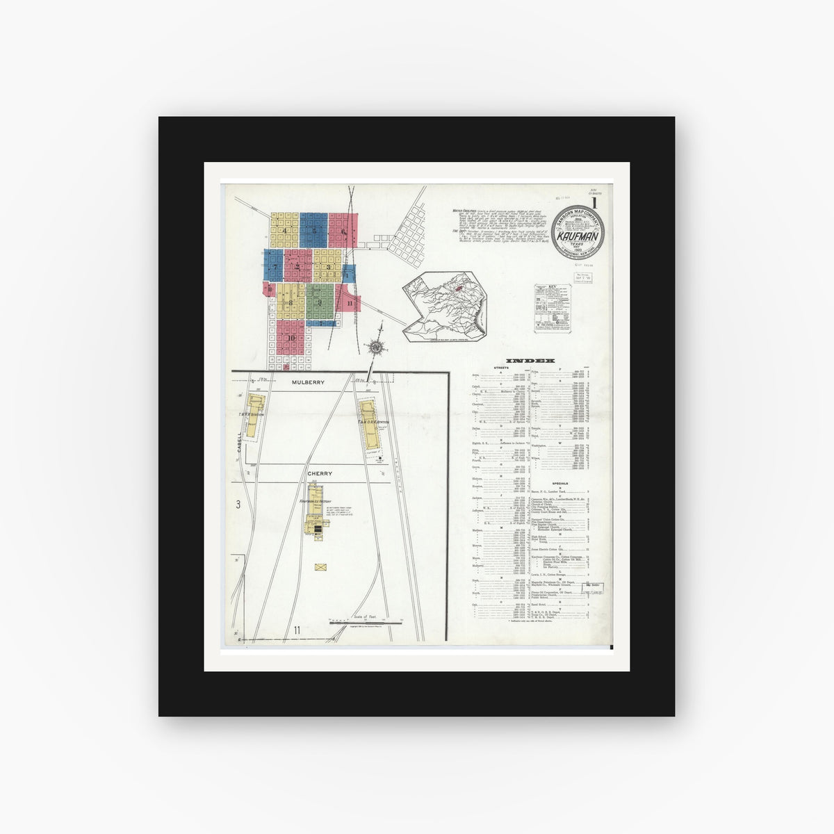 Old map wall art mockup — black gallery frame with white mat — Sanborn Fire Insurance Map from Kaufman, Kaufman County, Texas (1920) - Complete Map Set