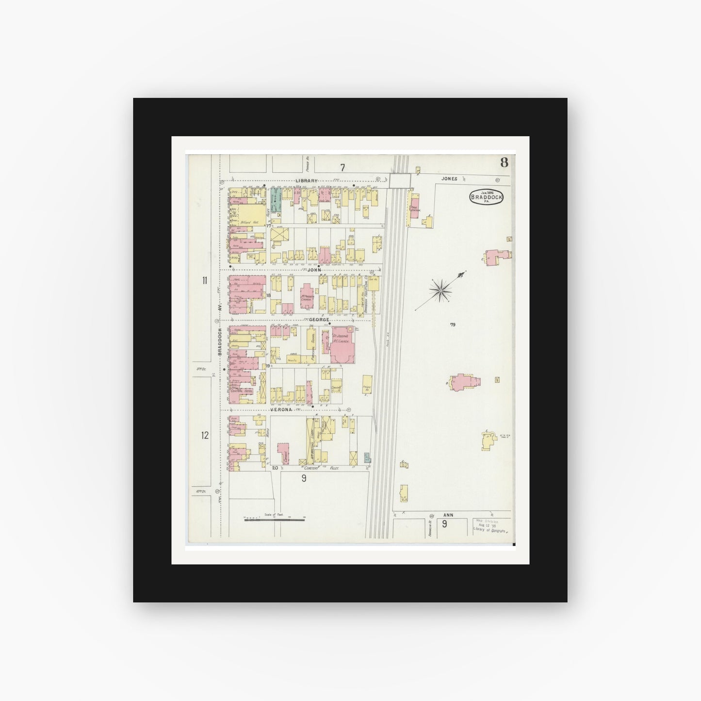 Old map wall art mockup — black gallery frame with white mat — Sanborn Fire Insurance Map from Braddock, Allegheny County, Pennsylvania (1896), Sheet #0008