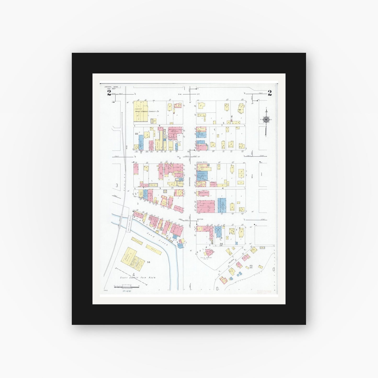 Old map wall art mockup — black gallery frame with white mat — Sanborn Fire Insurance Map from Jordan, Scott County, Minnesota (1947), Sheet #0002